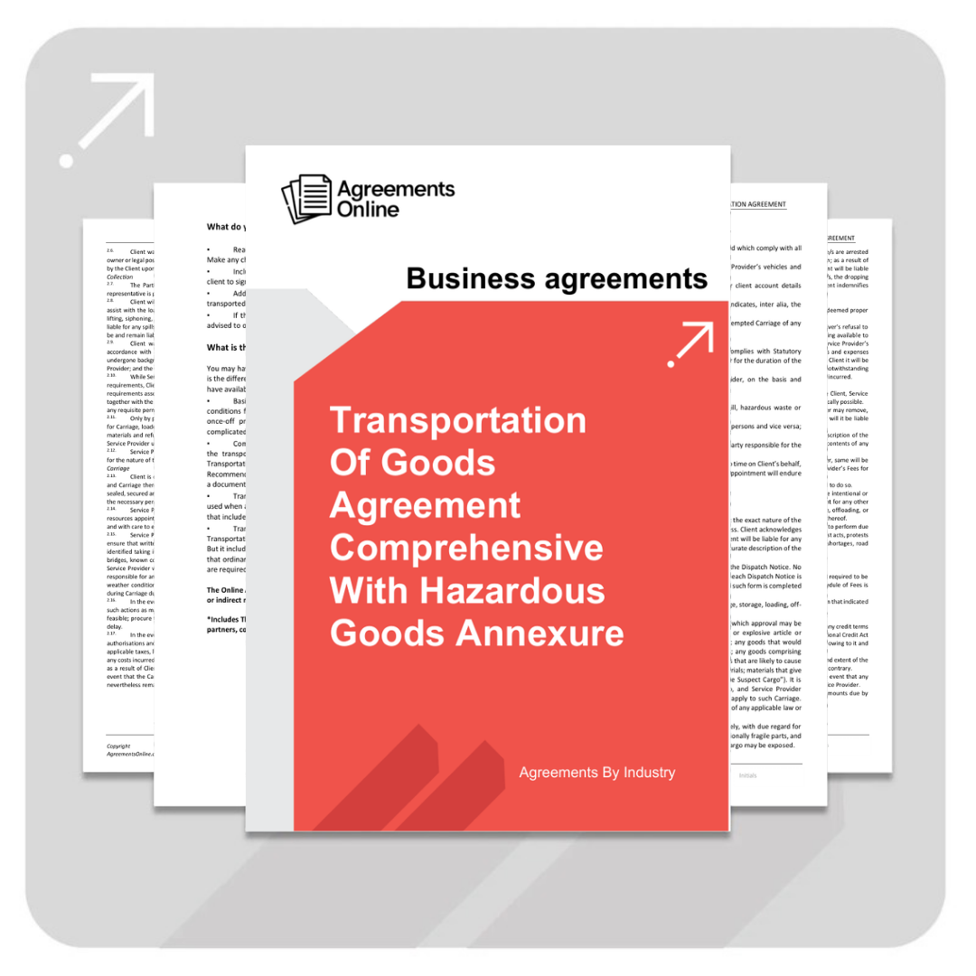 Transportation of Goods Agreement Template - with Hazardous Goods Annexure - Comprehensive - South Africa