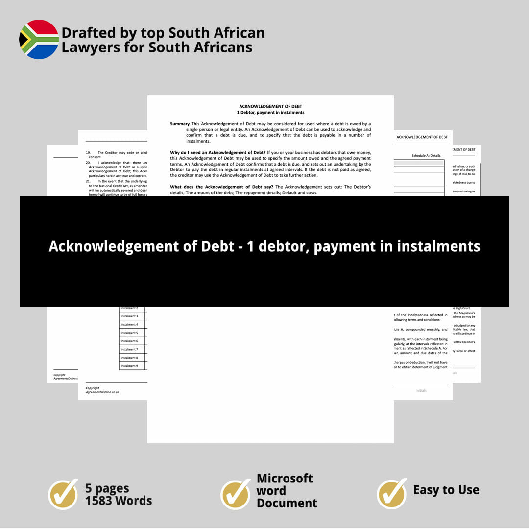 Acknowledgement of Debt 1 debtor payment in instalments 1