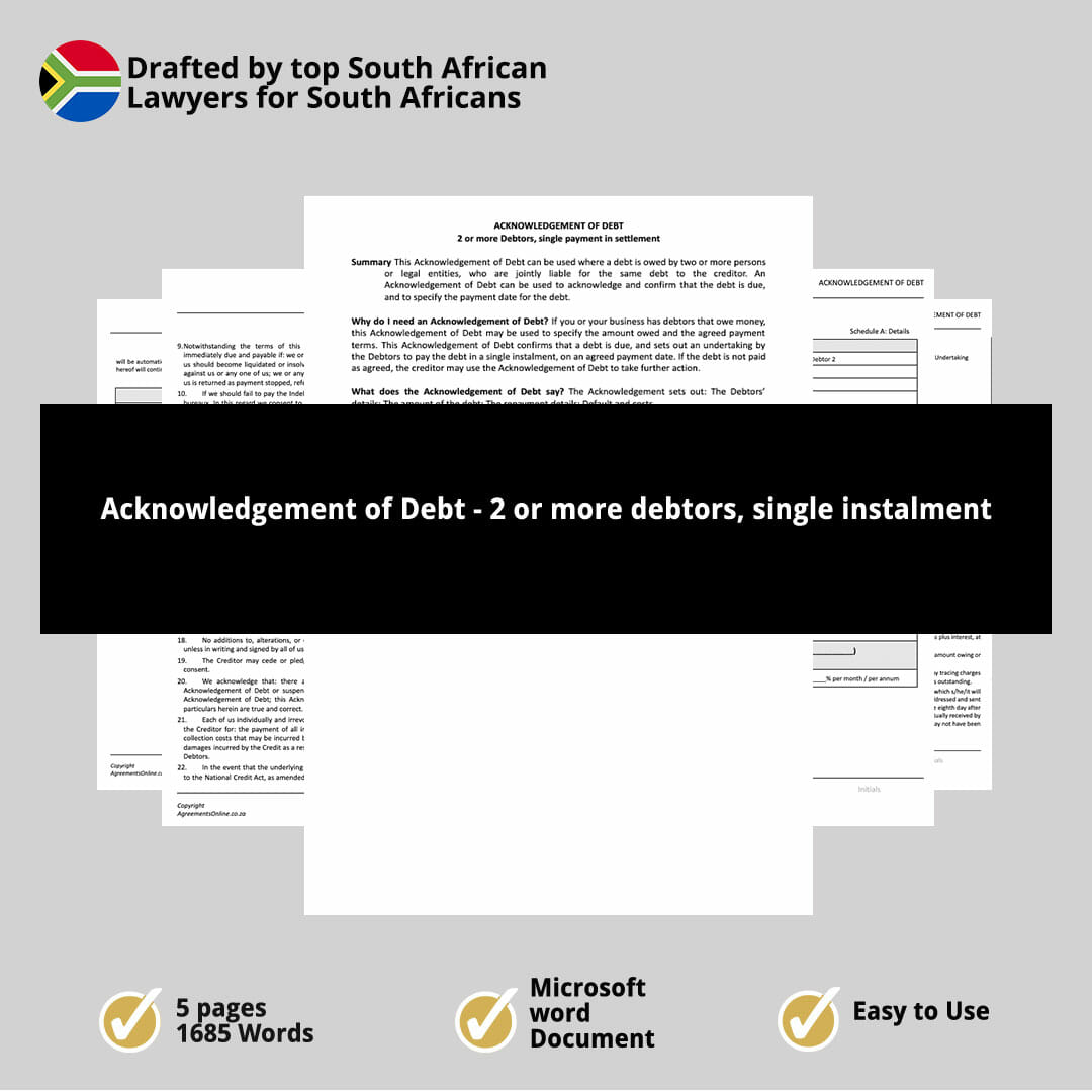 Acknowledgement of Debt 2 or more debtors single instalment 1