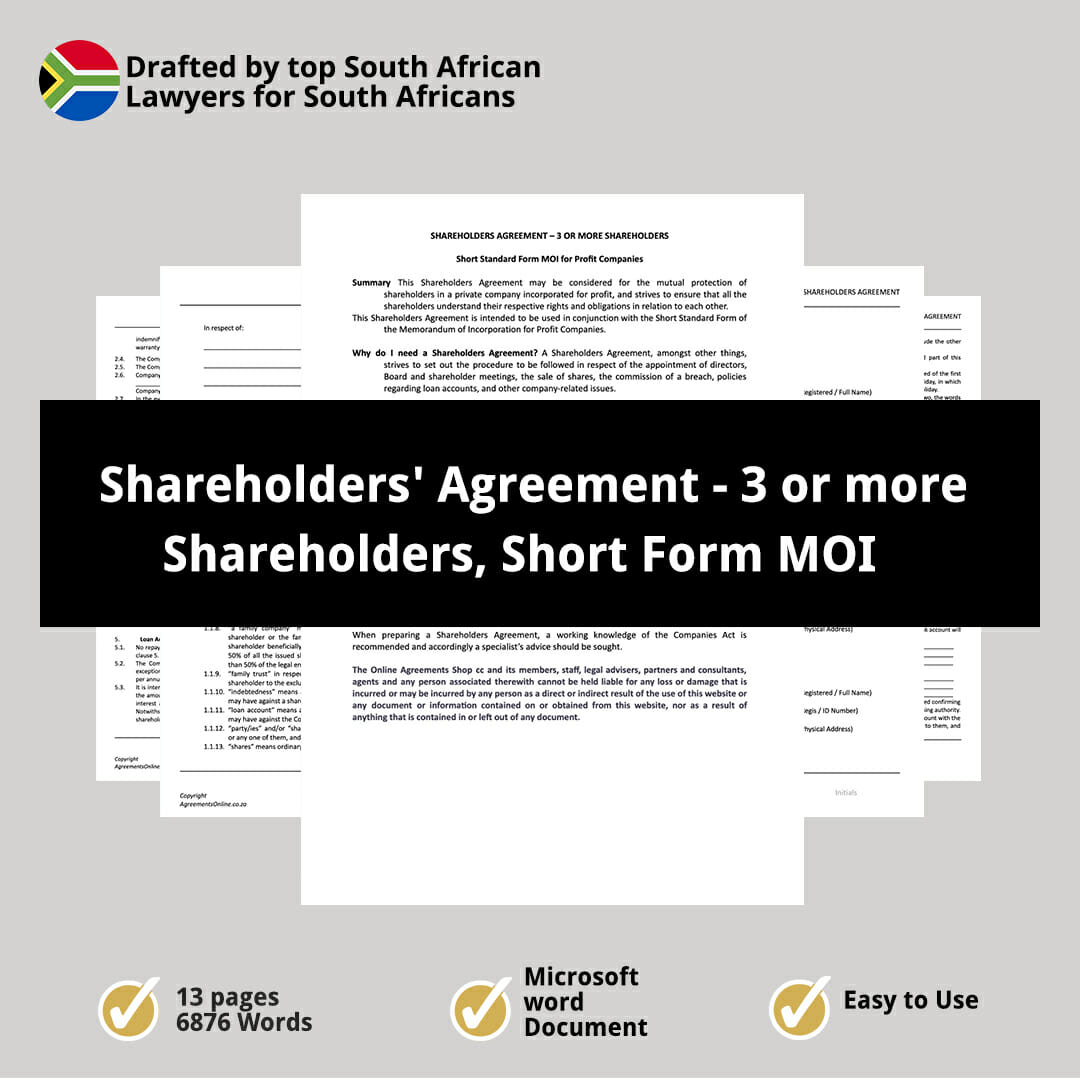 Shareholders Agreement 3 or more Shareholders Short Form MOI 1