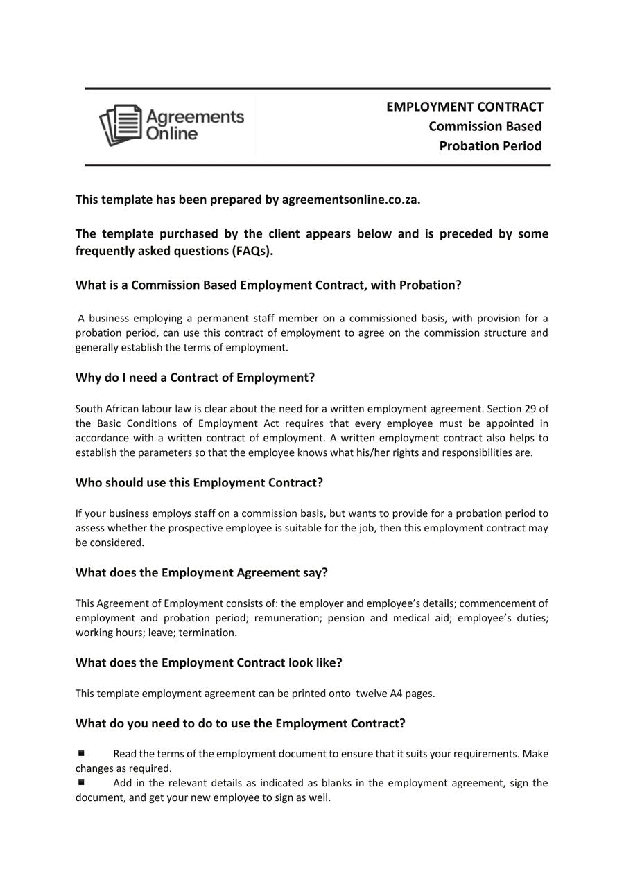 Employment contract template guidance page
